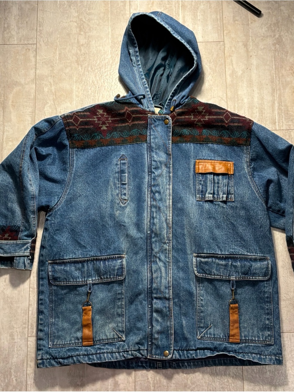 90s Vintage Men's Denim Hooded Shirt Jacket with Aztec Yoke - Blue